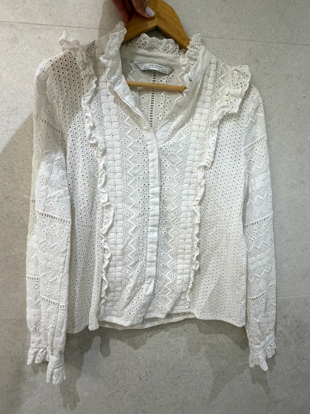Zara White Eyelet Lace Ruffle Blouse